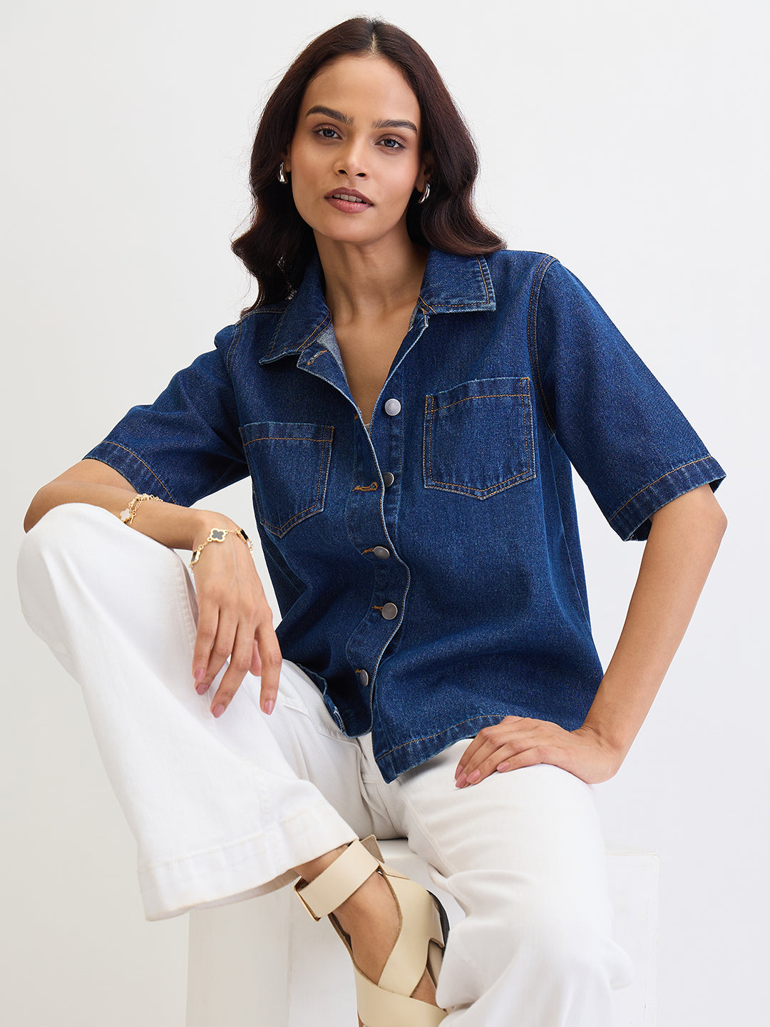 Navy Blue Denim Half Sleeves Shirt