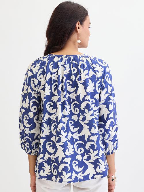 Blue & White Abstract Printed Top