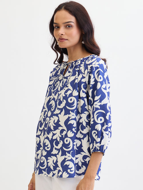 Blue & White Abstract Printed Top