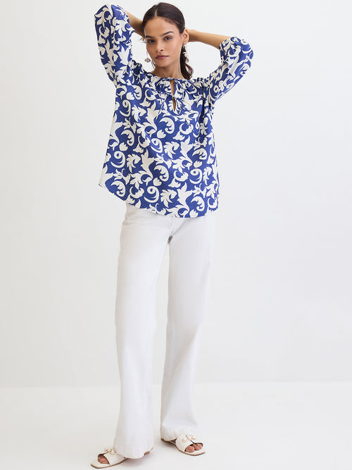 Blue & White Abstract Printed Top