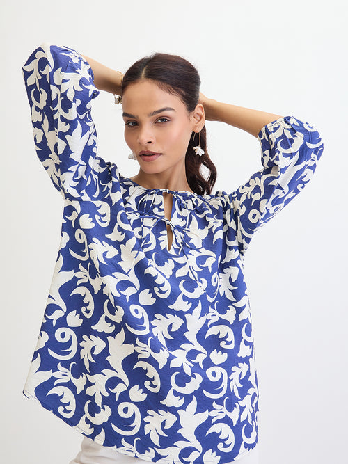Blue & White Abstract Printed Top