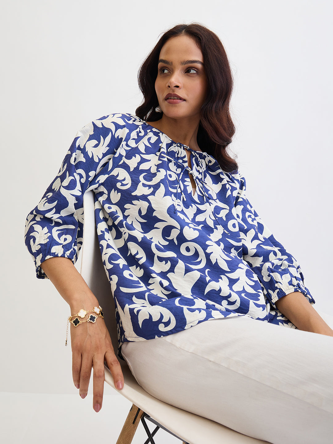 Blue & White Abstract Printed Top