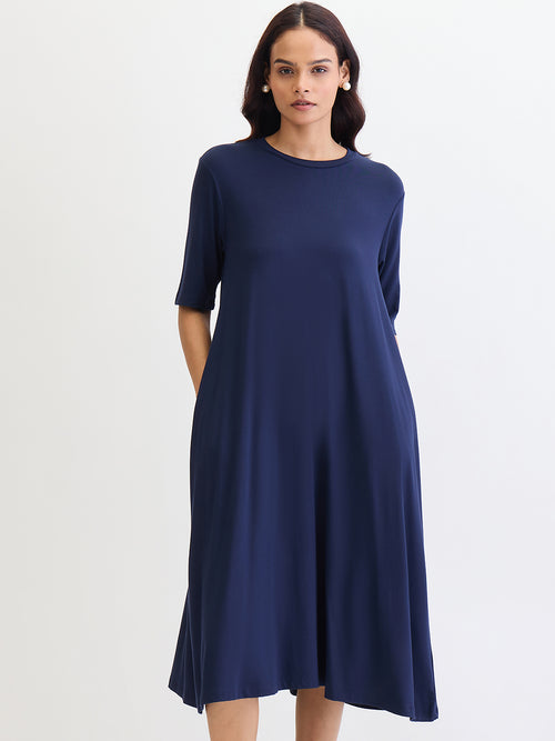 Navy Blue Modal Knit T-Shirt Midi Dress