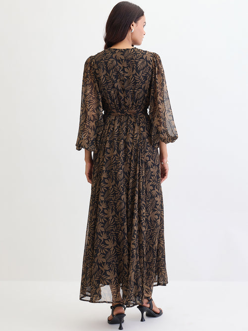 Black Leaf Print Wrap Maxi Dress
