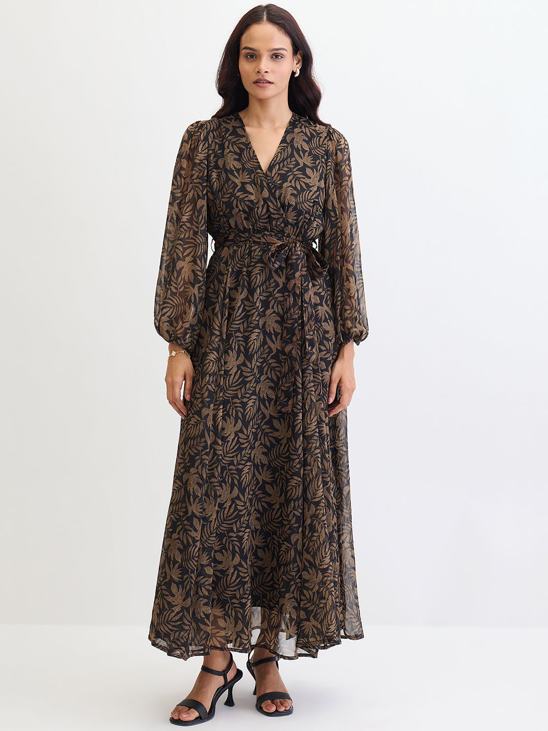 Black Leaf Print Wrap Maxi Dress