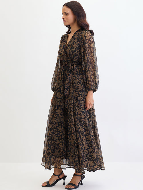 Black Leaf Print Wrap Maxi Dress