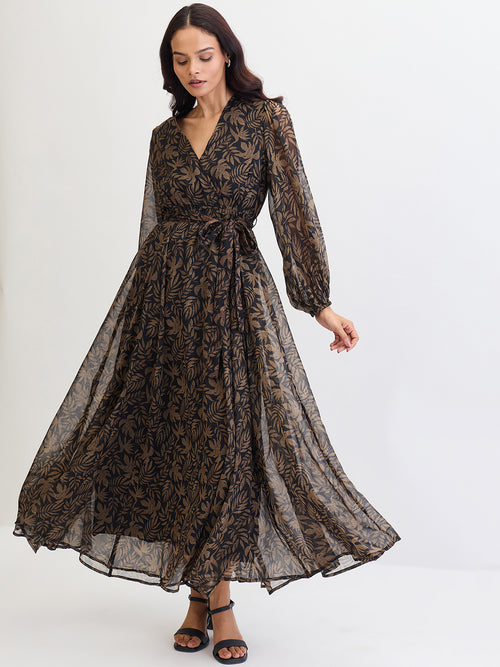 Black Leaf Print Wrap Maxi Dress