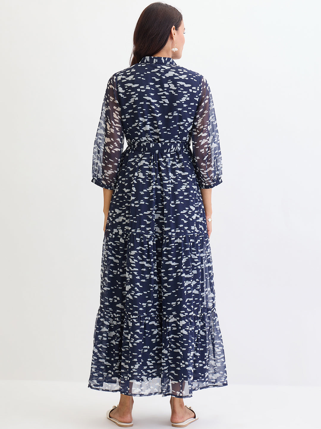 Navy Abstract Printed Tiered Maxi Dress
