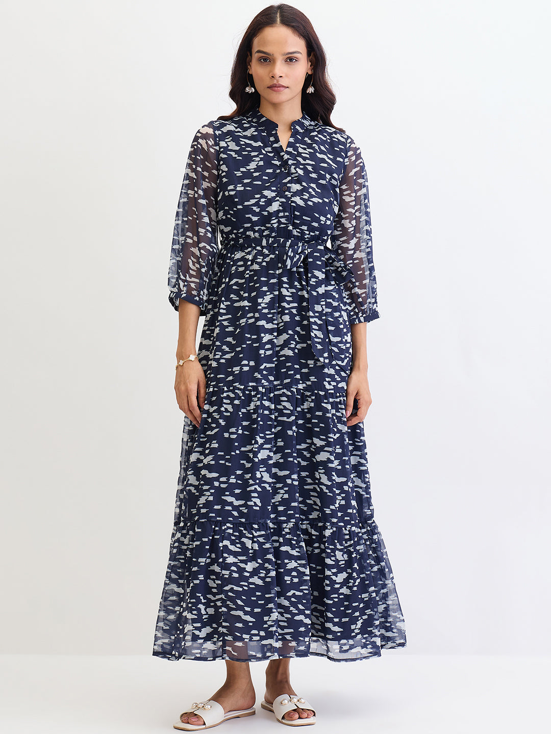 Navy Abstract Printed Tiered Maxi Dress