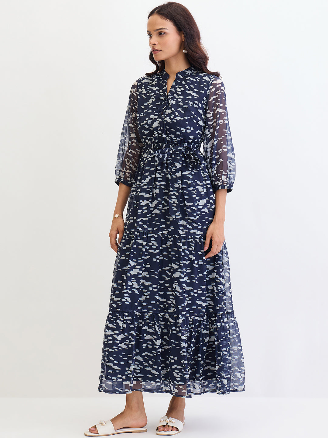 Navy Abstract Printed Tiered Maxi Dress