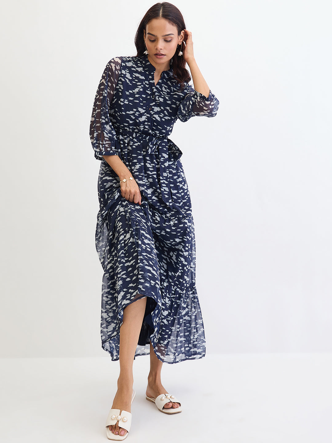 Navy Abstract Printed Tiered Maxi Dress