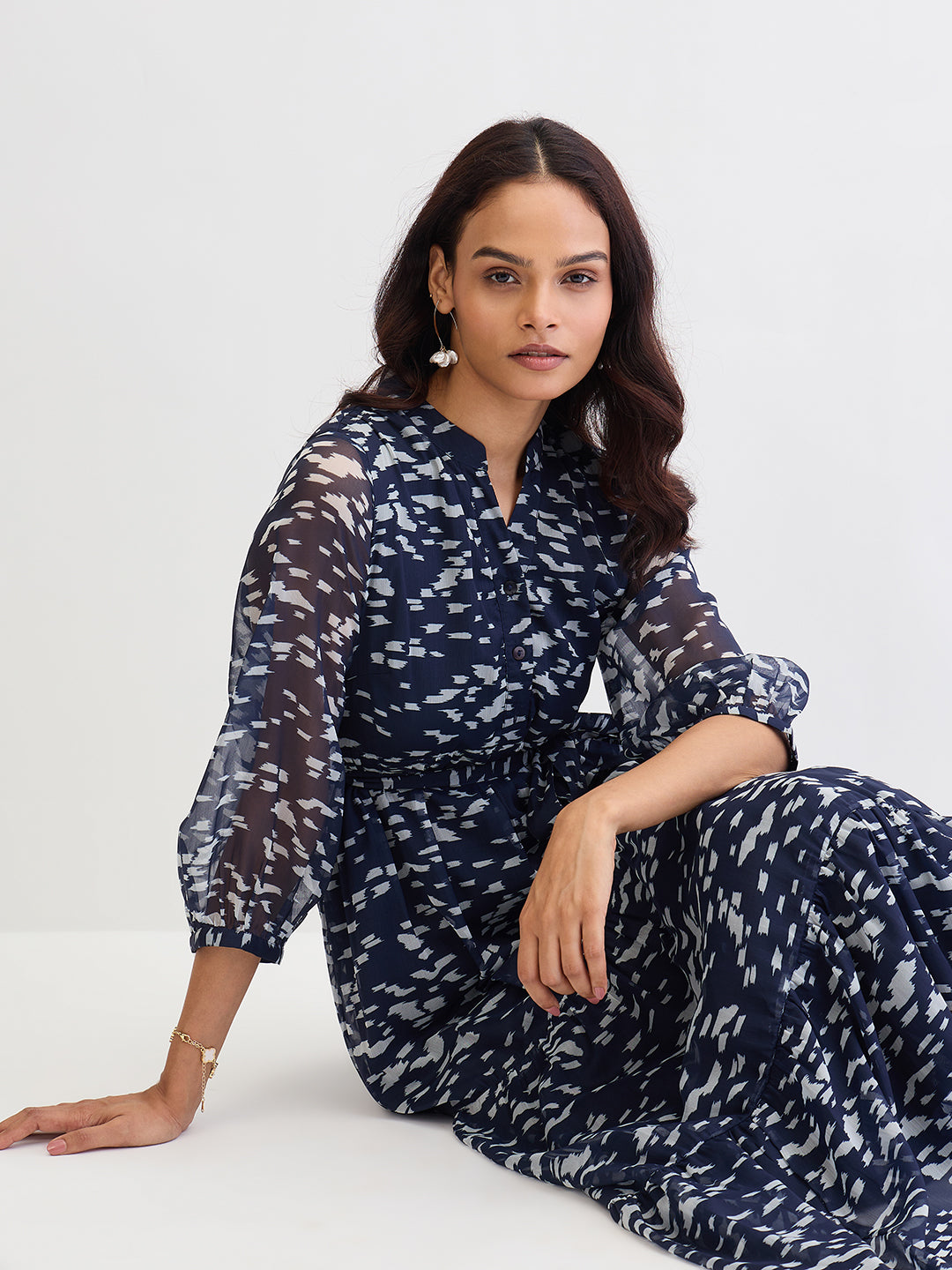 Navy Abstract Printed Tiered Maxi Dress