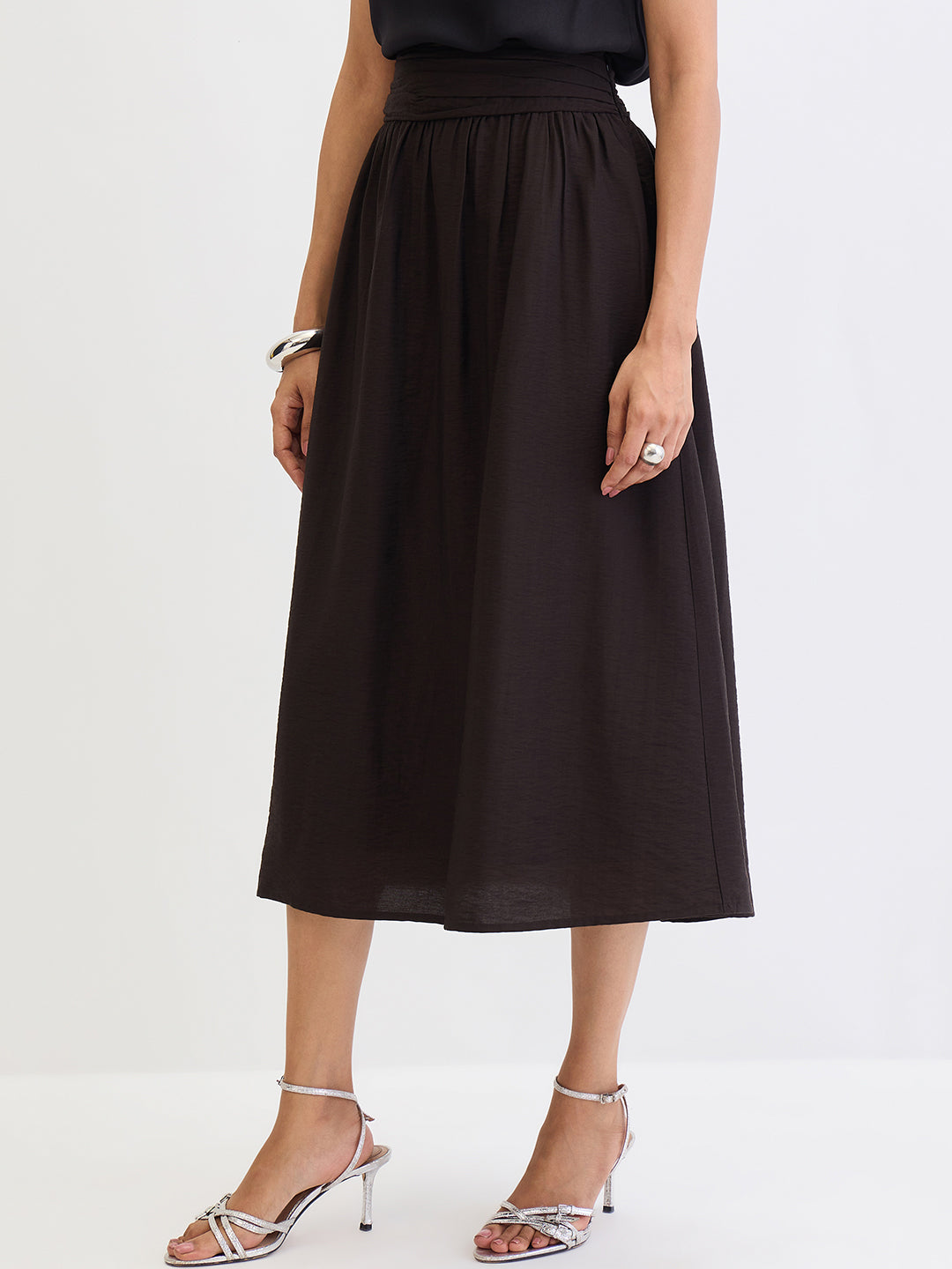 Black Ruched Waistband Midi Skirt