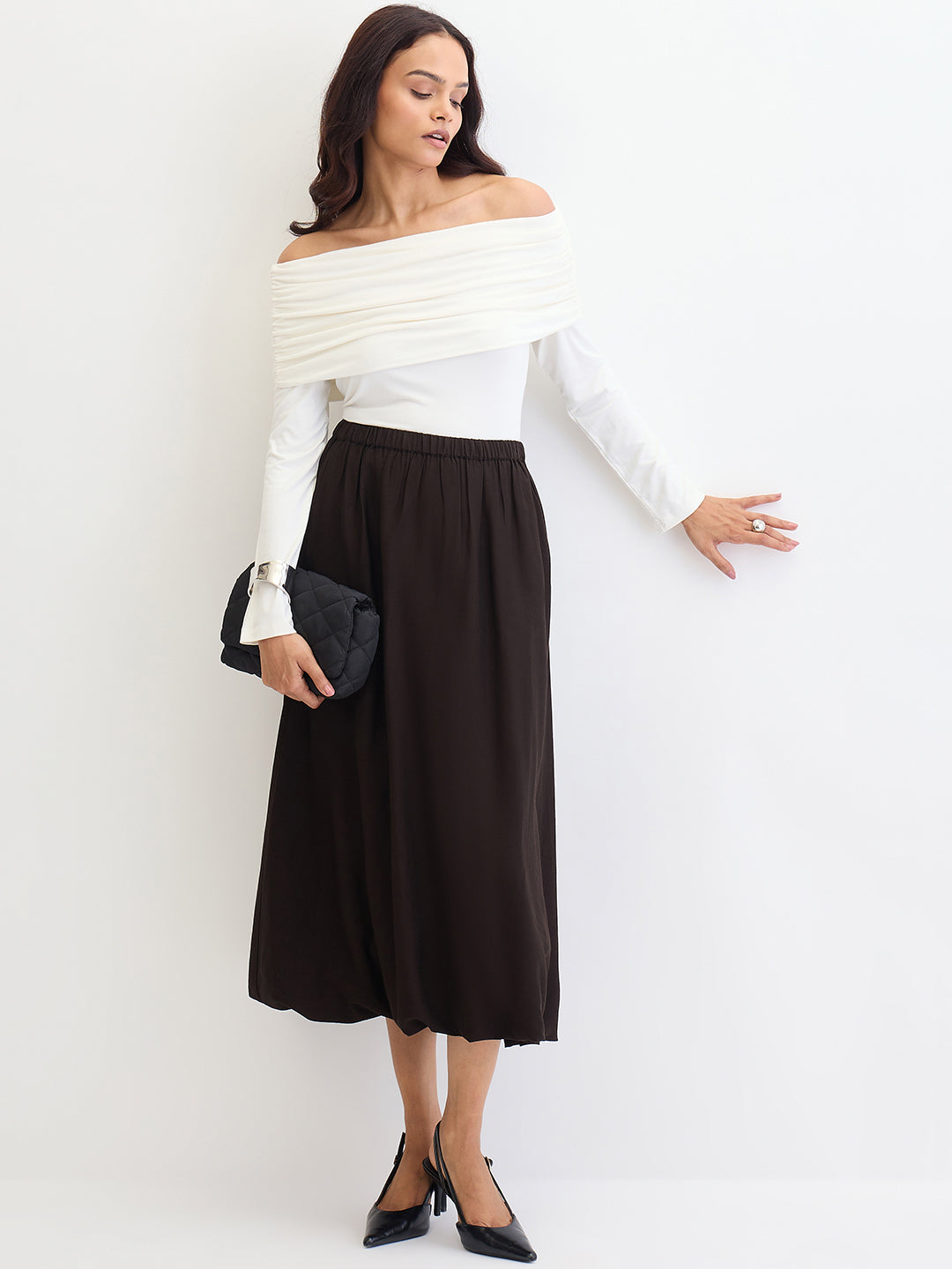 Black Bubble Hem Midi Skirt
