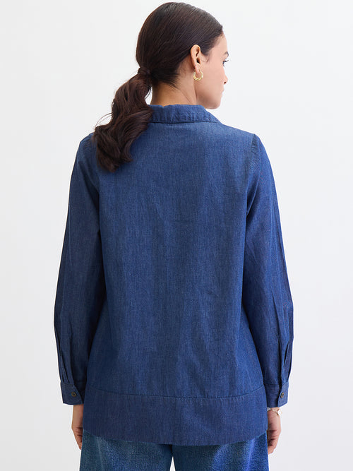 Navy Blue Cuffed Sleeves Denim Top