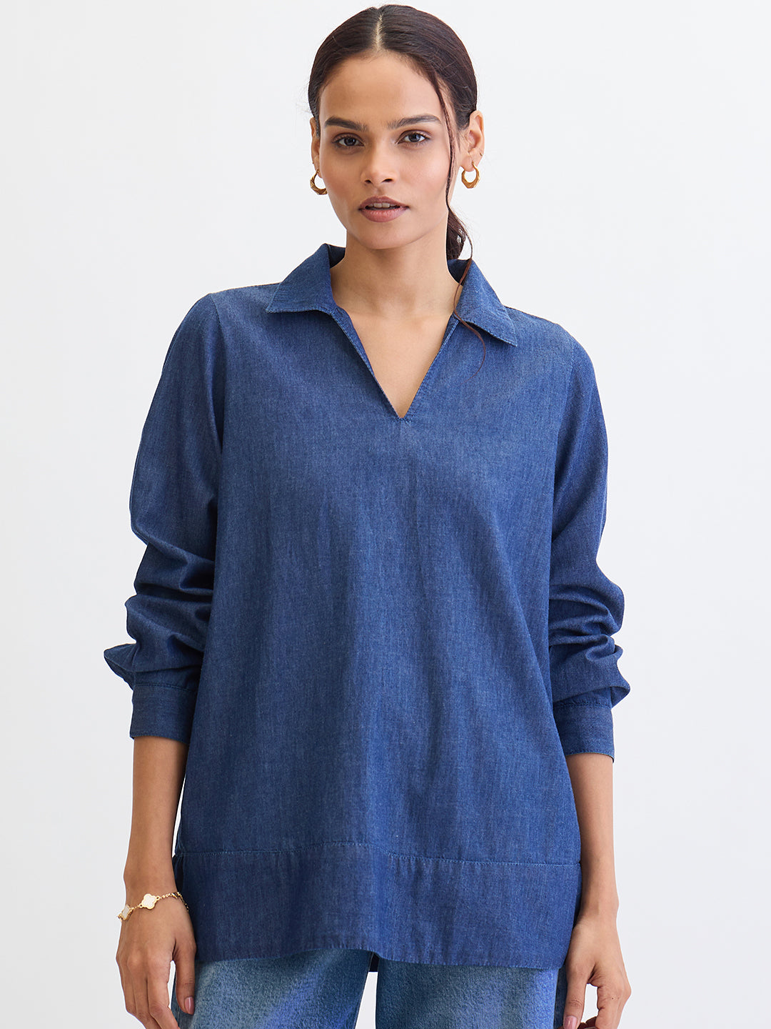 Navy Blue Cuffed Sleeves Denim Top