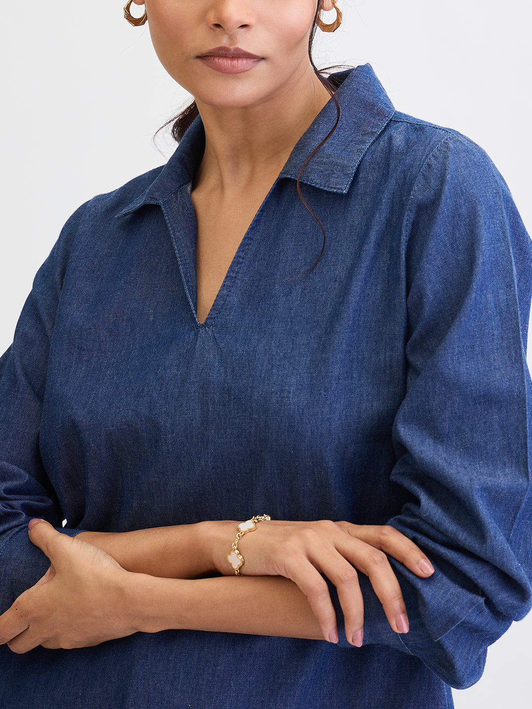 Navy Blue Cuffed Sleeves Denim Top