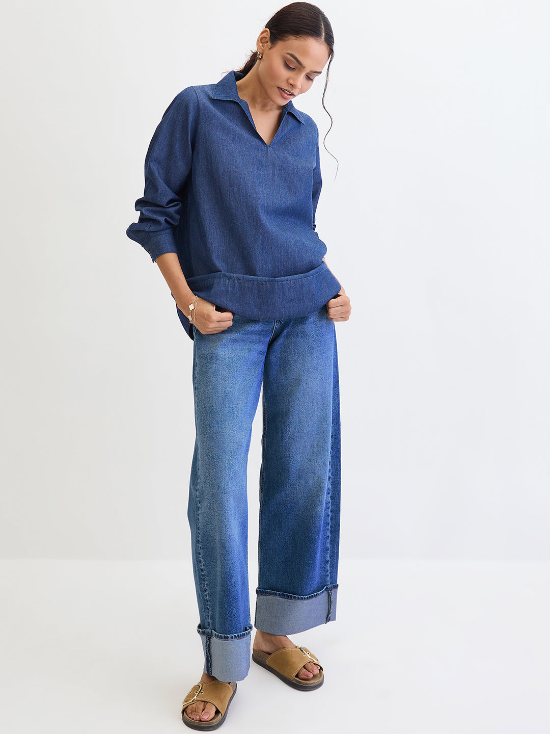 Navy Blue Cuffed Sleeves Denim Top