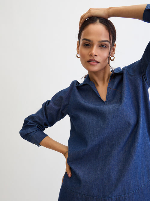 Navy Blue Cuffed Sleeves Denim Top