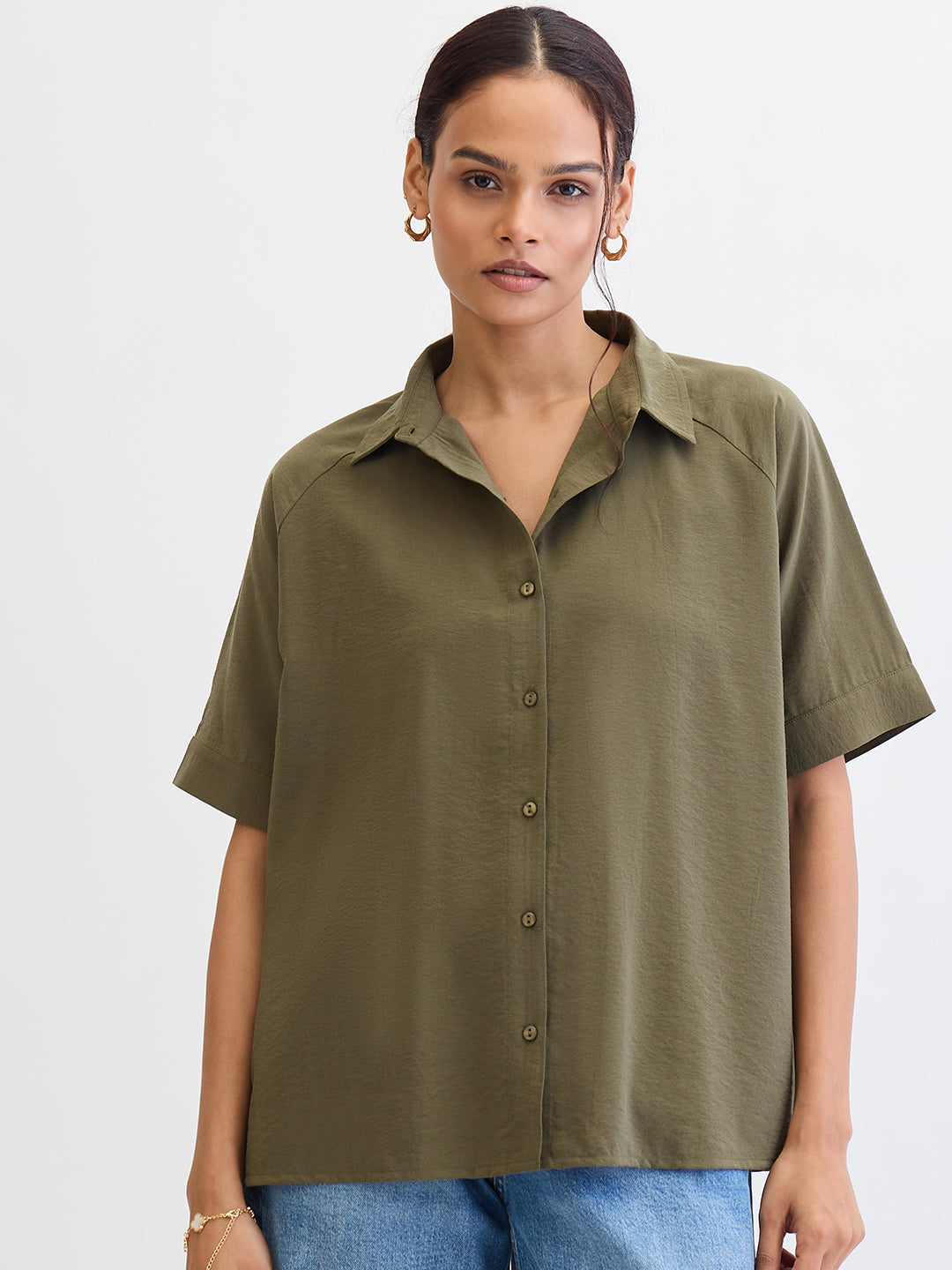 Olive Raglan Sleeves Oversize Shirt
