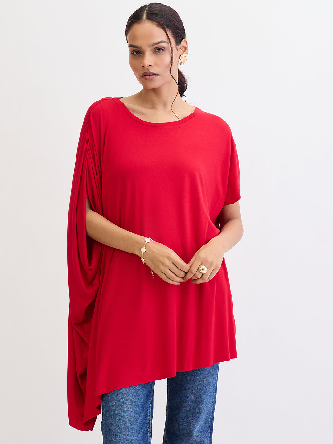 Bamboo Red Knit Oversize  Asymmetrical Top