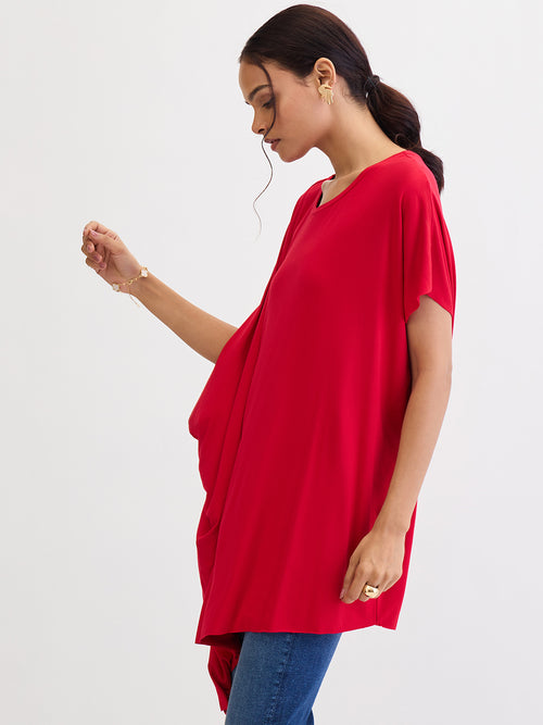 Bamboo Red Knit Oversize  Asymmetrical Top