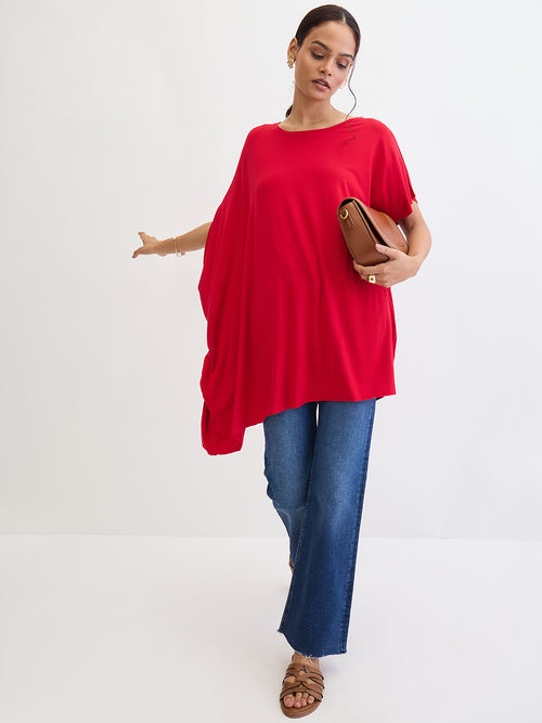 Bamboo Red Knit Oversize  Asymmetrical Top