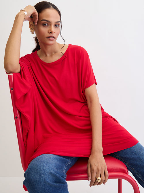 Bamboo Red Knit Oversize  Asymmetrical Top