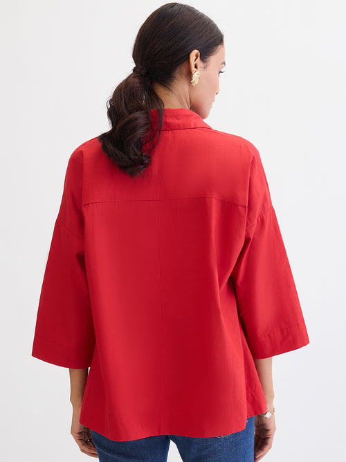 Red Poplin Pleat Detail Shirt