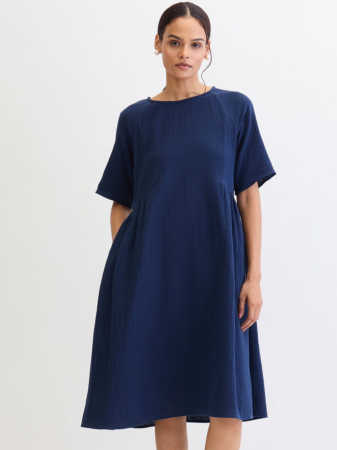 Cotton Gauze Midnight Blue Side Gathers Detail Midi Dress