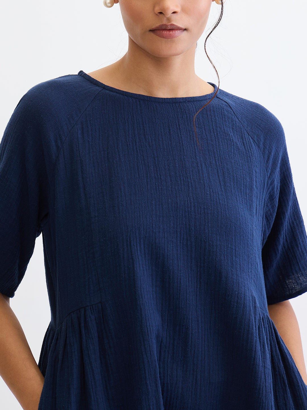 Cotton Gauze Midnight Blue Side Gathers Detail Midi Dress