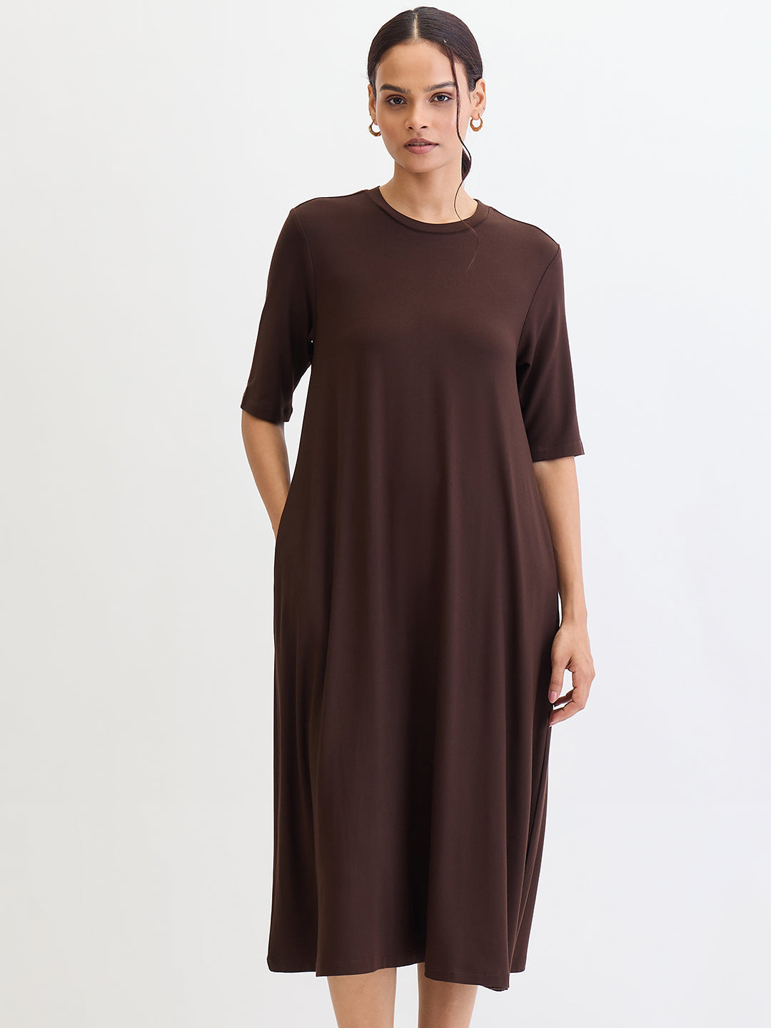 Coffee Brown Modal Knit T-Shirt Midi Dress