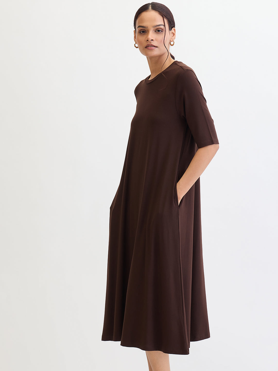 Coffee Brown Modal Knit T-Shirt Midi Dress