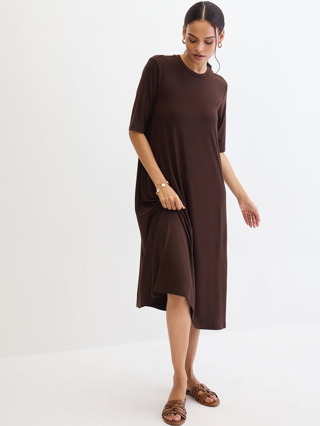 Coffee Brown Modal Knit T-Shirt Midi Dress