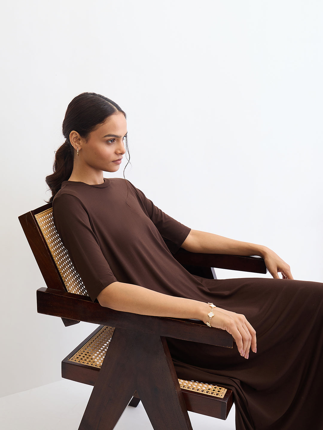 Coffee Brown Modal Knit T-Shirt Midi Dress