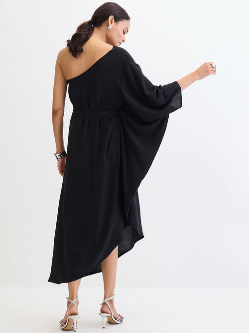 Black One Shoulder Asymmetric Midi Dress