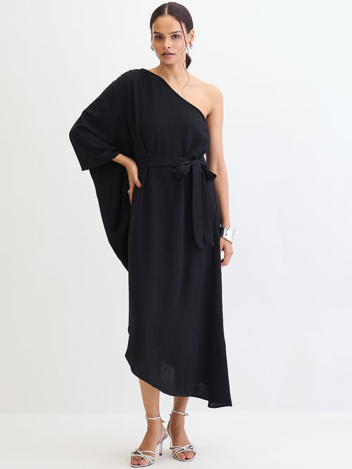 Black One Shoulder Asymmetric Midi Dress