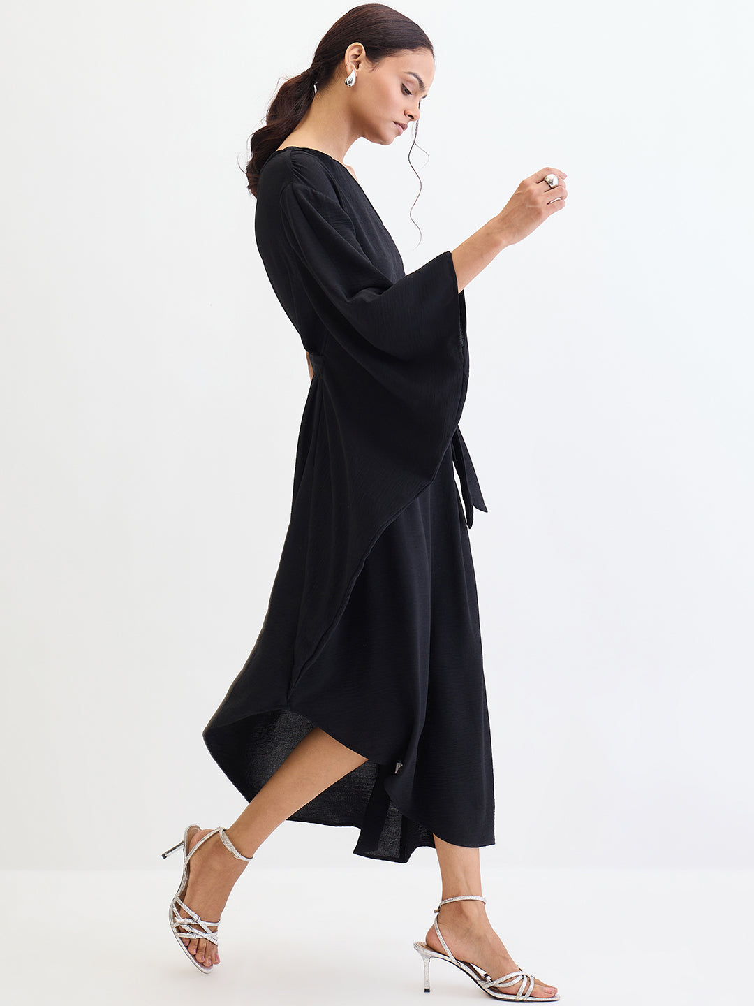 Black One Shoulder Asymmetric Midi Dress