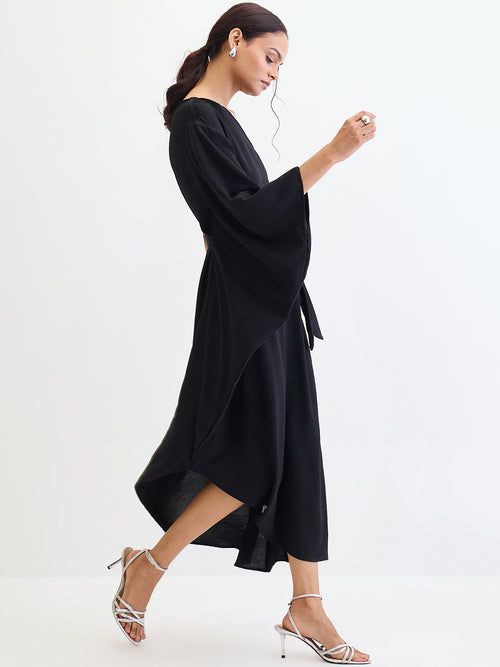 Black One Shoulder Asymmetric Midi Dress