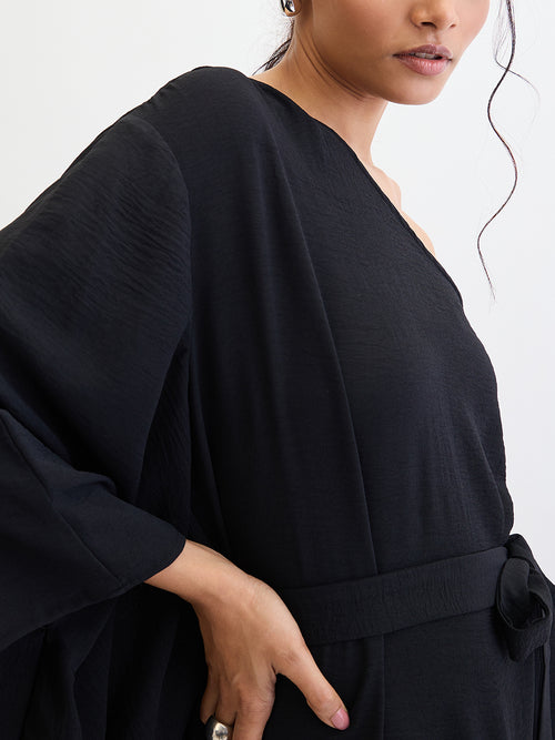 Black One Shoulder Asymmetric Midi Dress