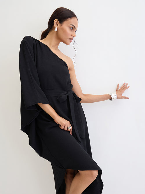 Black One Shoulder Asymmetric Midi Dress