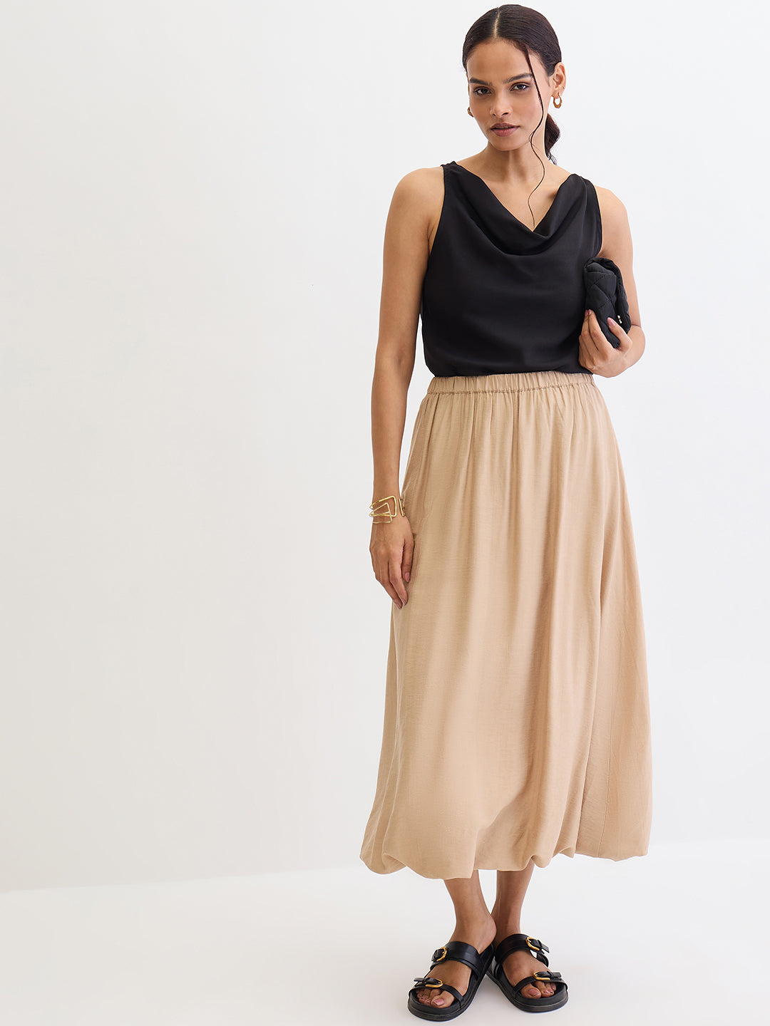 Beige Bubble Hem Midi Skirt
