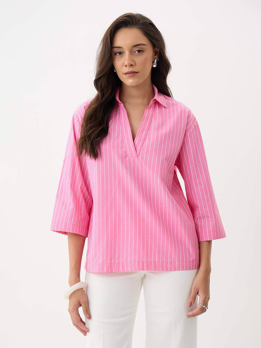 Pink Stripe Collared Oversized Top