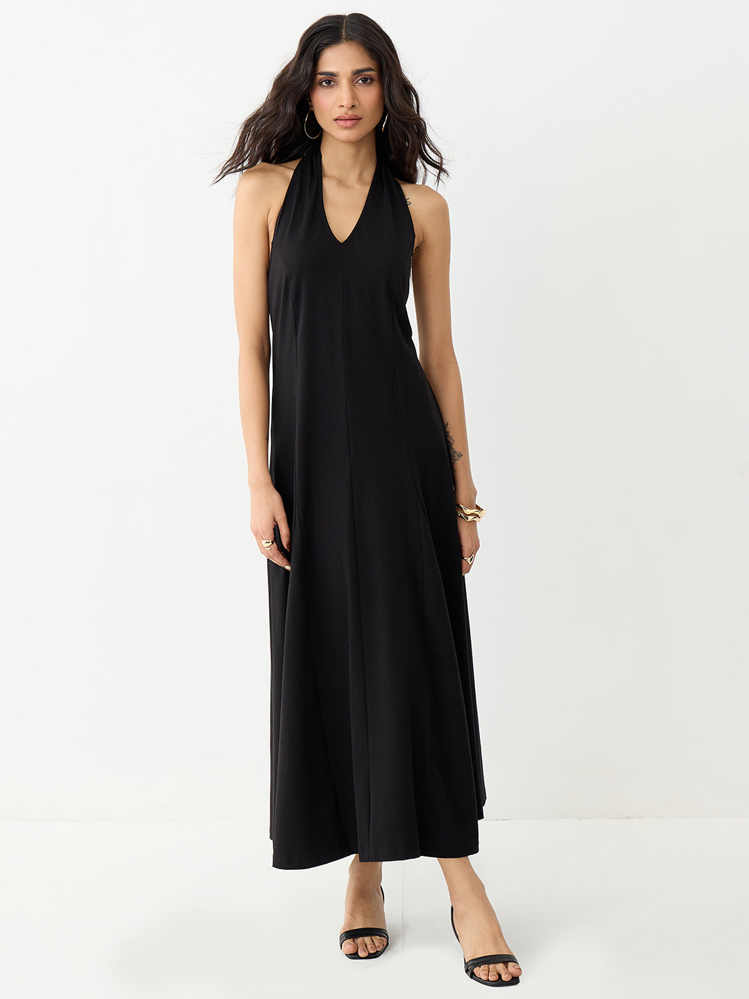 Black Knit Tie-Up Neck Maxi Dress