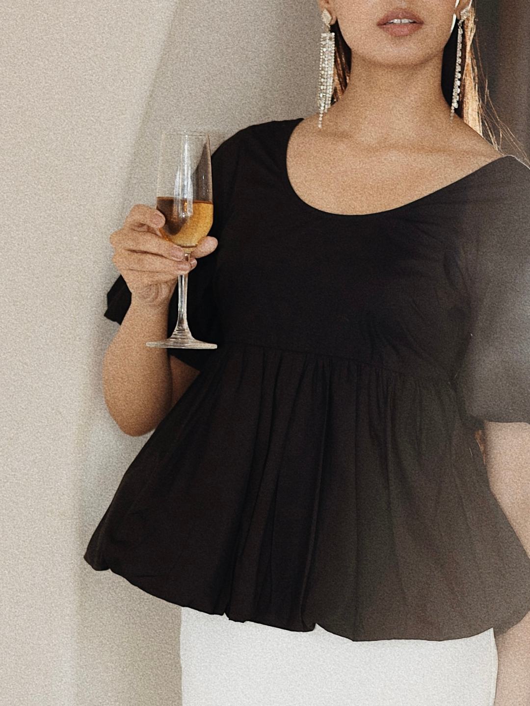 Black Poplin Bubble Hem Top