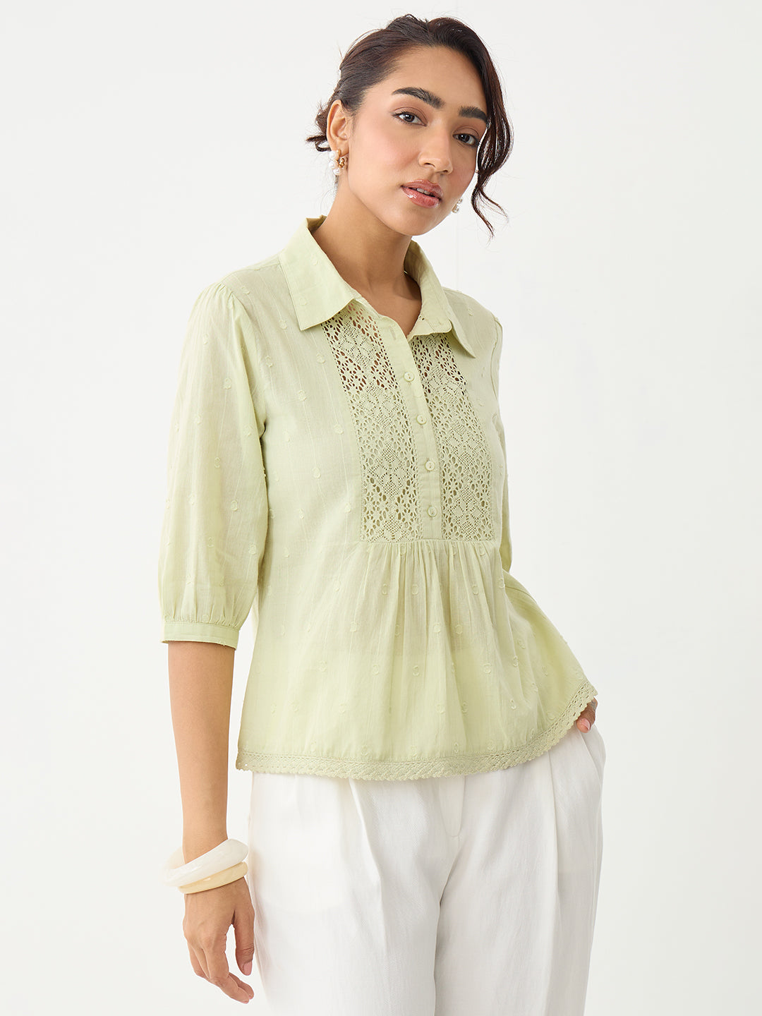 Sage Lace Insert Cotton Dobby Top