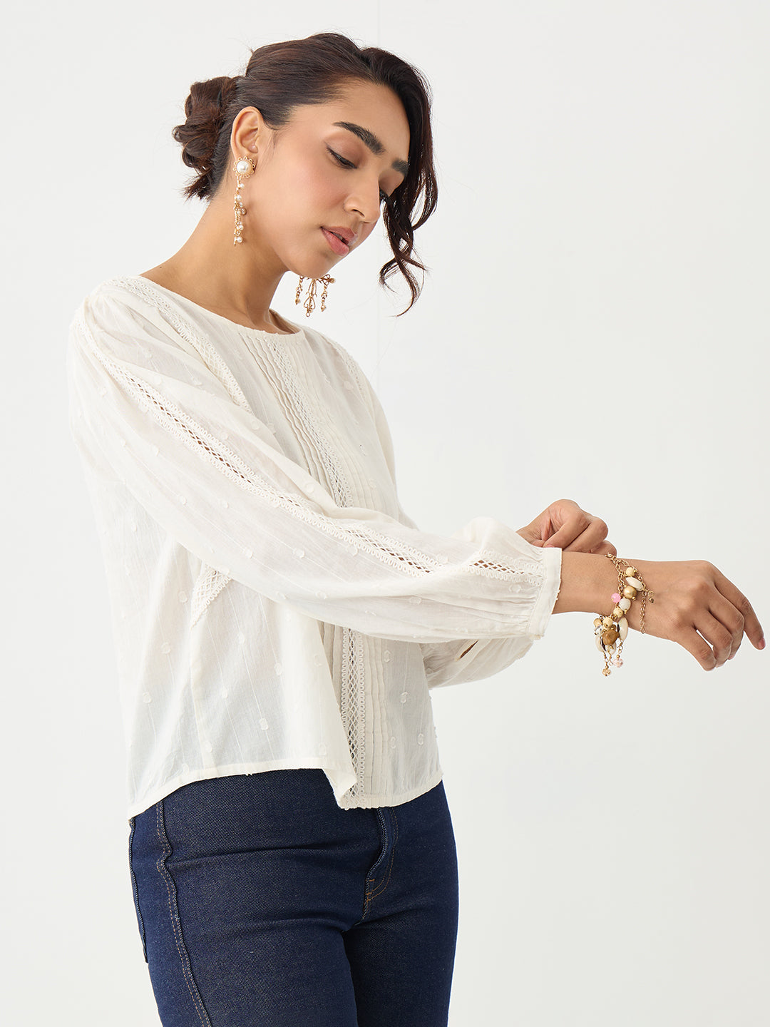Off-White Lace Insert Pleated Front Top