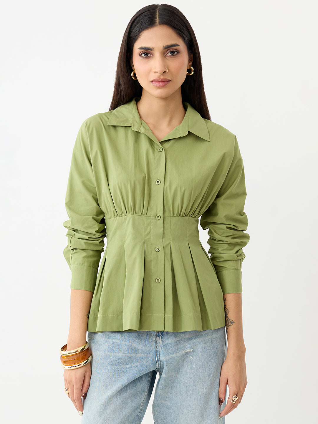 Crispcotton Sage Cinched Waist Shirt