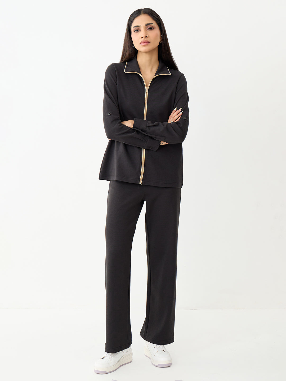 Black With Contrast Zipper Knit Co-Ord