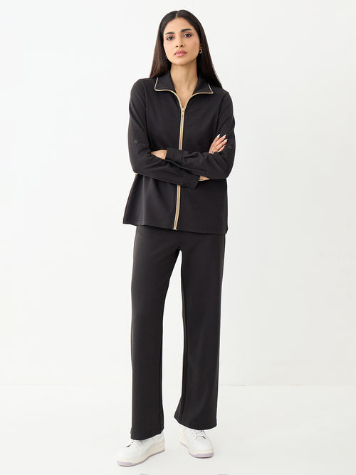 Black With Contrast Zipper Knit Co-Ord